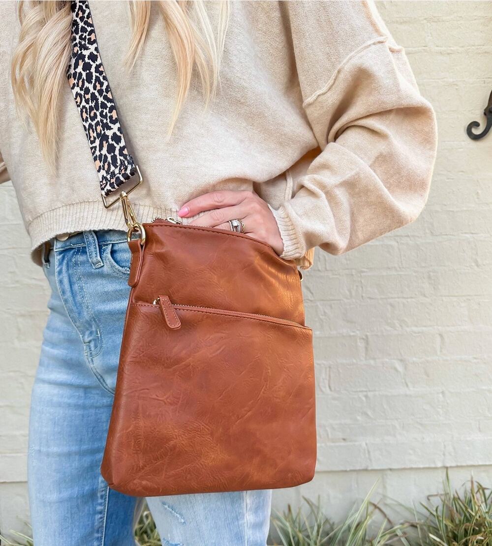 Threaded Pear Chloe Faux Leather Crossbody Bag Brown Leopard Strap NWT